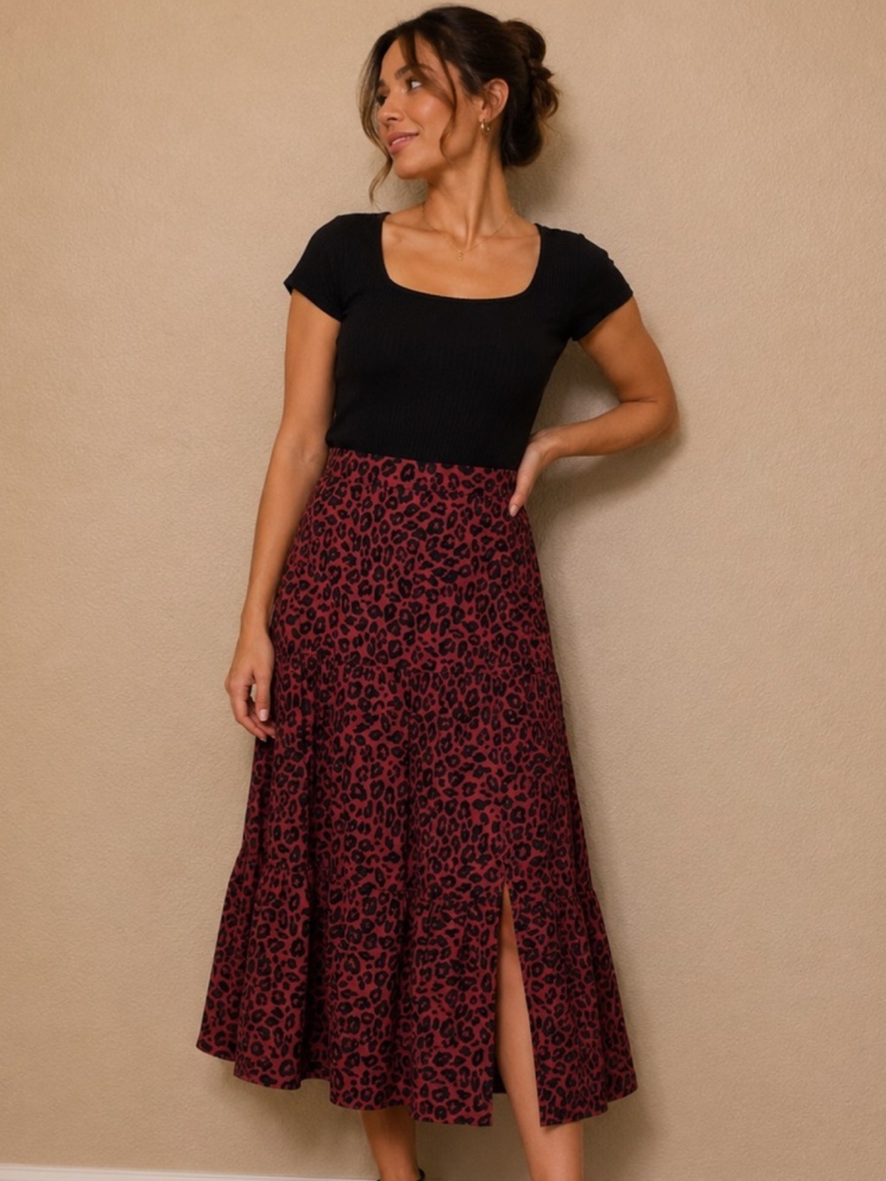Nine West Burgundy & Black Leopard Print Maxi Skirt